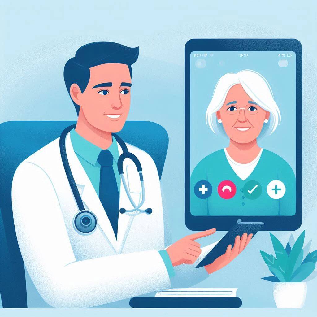 Imagem ilustrativa gerada por IA: Consulta médica de telemedicina. Paciente aparece em dispositivo de médico durante consulta médica.